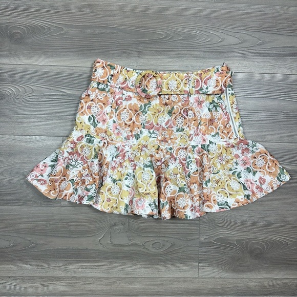 En Saison Floral Eyelet Ruffle Hem Belted Skirt Size M - Picture 1 of 6
